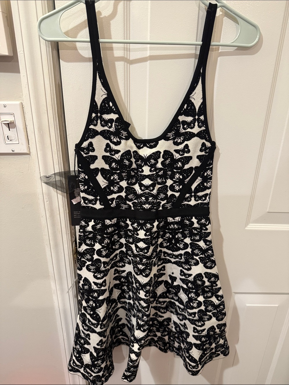 bebe Black and White Butterfly Lace Fit-and-Flare Mini Dress